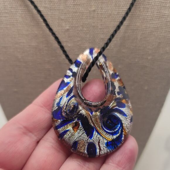 Murano /Venetian inspired glass metallic blue, silver & copper tear drop pendant - Picture 5 of 7